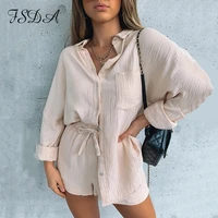 fsda 2021 summer autumn long sleeve top shirt women and shorts casual women set black two pieces set loose outfit female