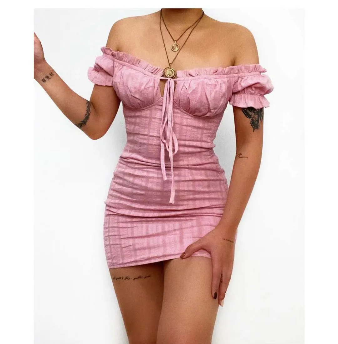 

Sexy skirt 2020 summer new collar short sleeve strapless dress Europe and America independent station wish supply