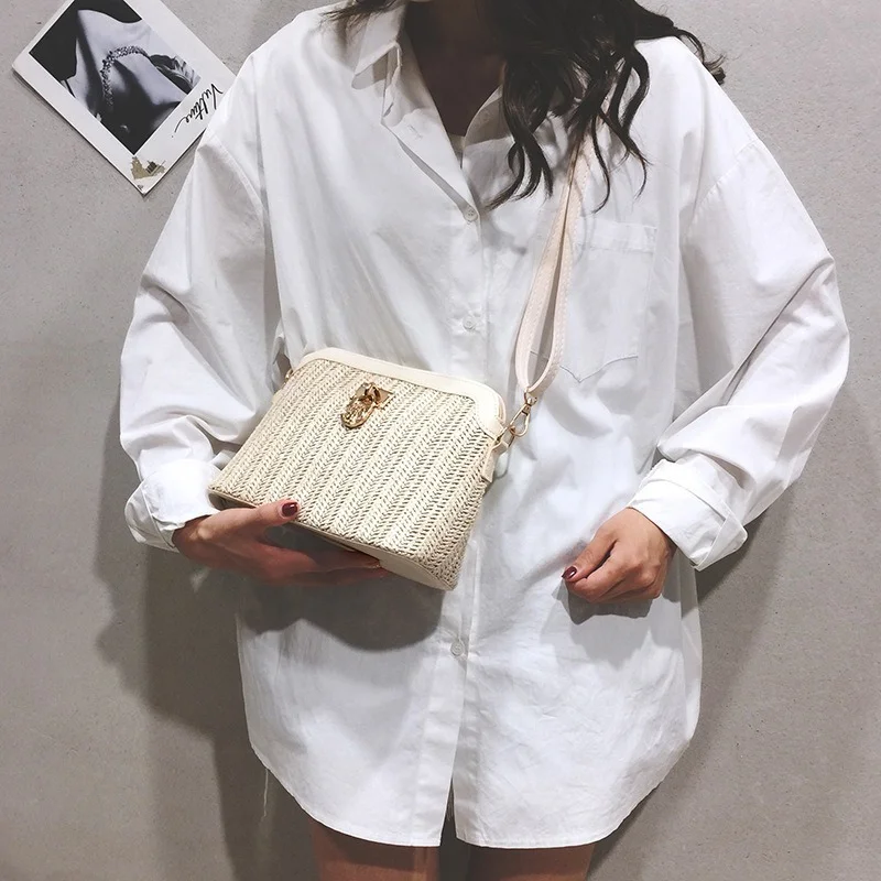 

Messenger Bag Casual Chains Straw Bucket Bags 2021 Women Summer Rattan Bags Beach Lady Travel Purses and Handbags Shoulder Bag