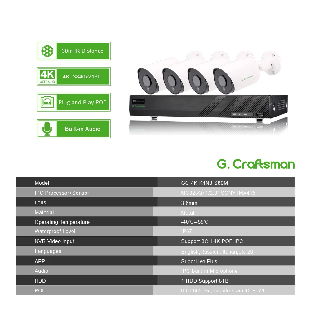 4-канальный набор POE системы CCTV безопасности 4K Sony IMAX415 H.265 8-канальный NVR Наружная водонепроницаемая аудио IP-камера Система видеонаблюдения с сигнализацией и видео P2P.