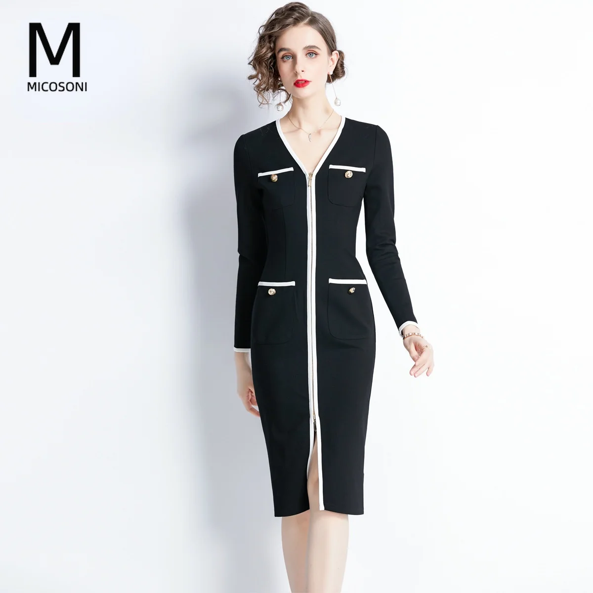 

Micosoni Office Lady Hepburn Style Slim Fit V-neck Design Temperament Waist-Controlled Women's Full Sleeve Black Dresses S-XXL