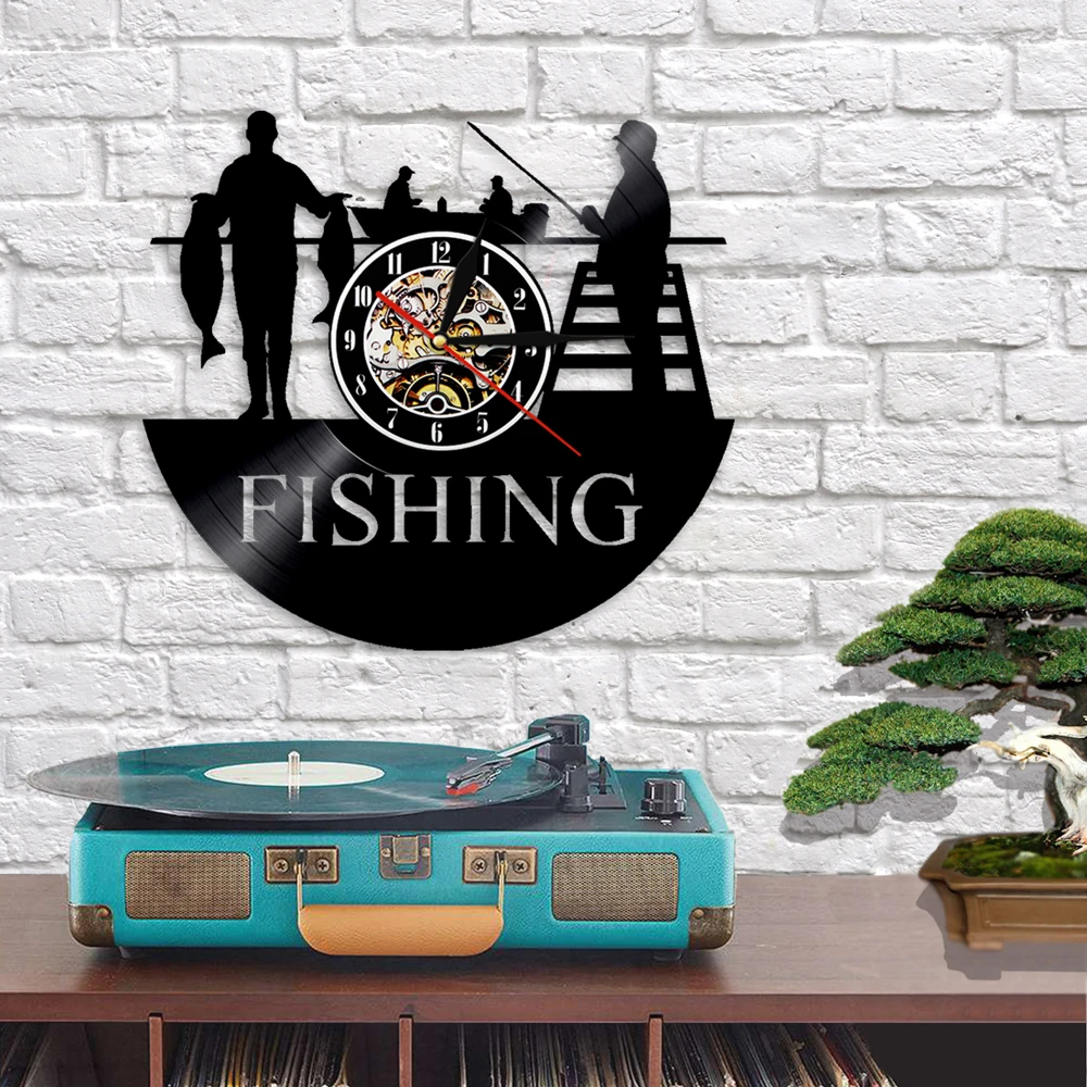 Винтажные настенные часы Go Fishing виниловые украшения с силуэтами рыбаков и удочек