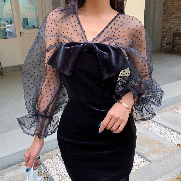 

Бархатное платье-карандаш для женщин, элегантное Прозрачное платье с рукавом, облегающее Привлекательное платье в стиле ретро из фатина, Же...