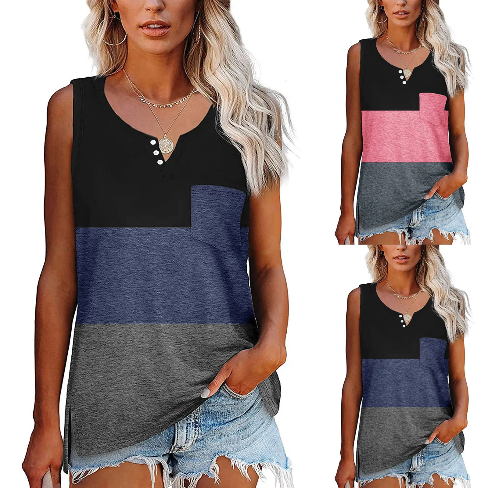 

57# Sexy V Neck Sleeveless Tank Blouses Women Summer Stripe Tunic Shirts Side Split Loose Fit Top With Pocket Tank Tops Blusas