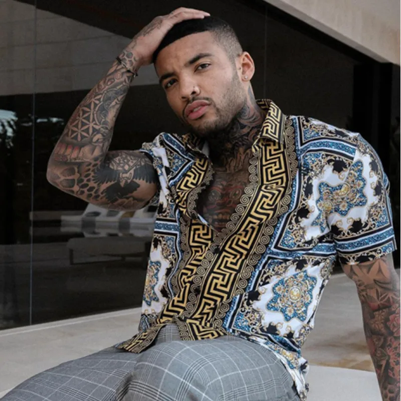 

Summer New Men's Clothing European American Retro Trend Shirt Cardigan Single-Breasted Men's Short Sleeve Printing Shirt2021