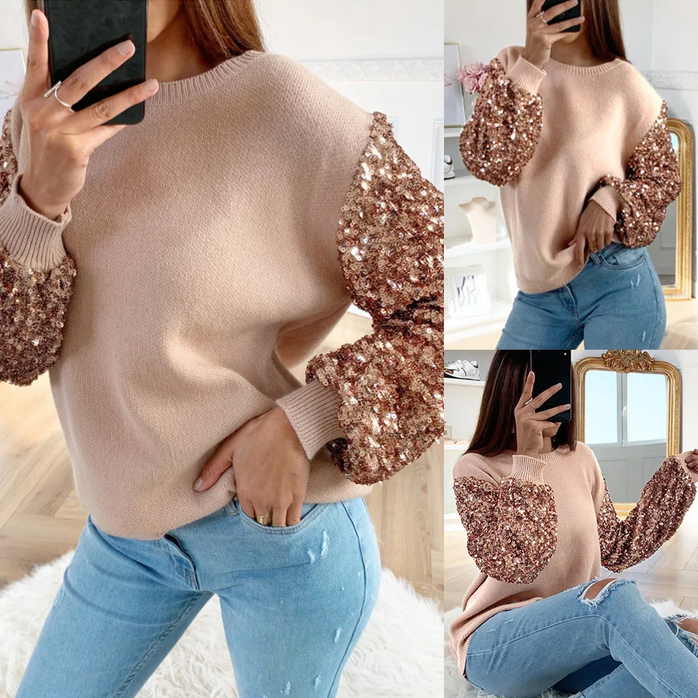 

Lugentolo Sequined Long Sleeves Sweaters Women Fall Fashion Round Neck Loose Knitted Sweaters for Women
