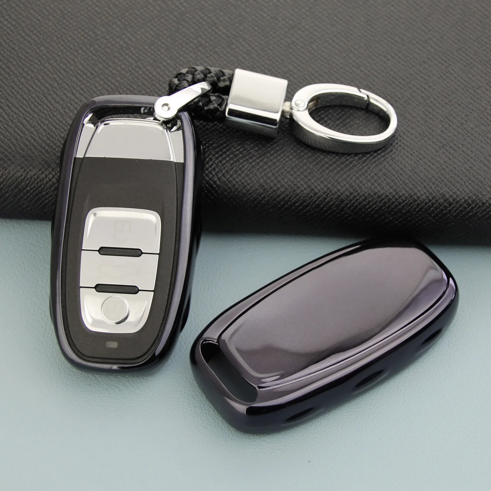 

Smart Car Key Fob Case Cover Holder Chain Keychain For Audi A4 B8 A5 A6 A7 A8 Q5 Black