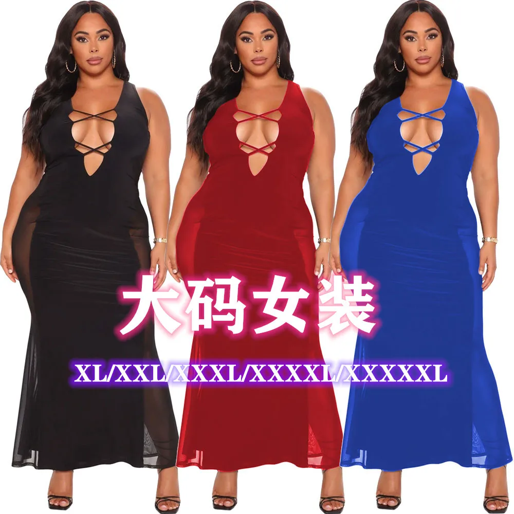 

European and American sexy plus size women's fashion solid color hollow mesh stitching dress long skirt women