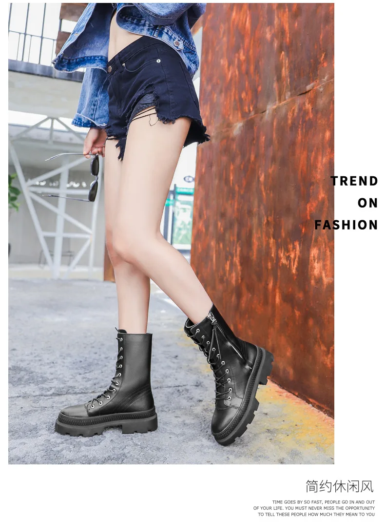 Winter Genuine Leather Chunky Motorcycle Boots Women Autumn Fashion Round Toe Lace-up Combat Military Boots Ladies Shoes