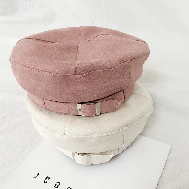 Temperament vintage leather buckle PU leather Beret women's autumn and winter fashion easy match flat top painter cap