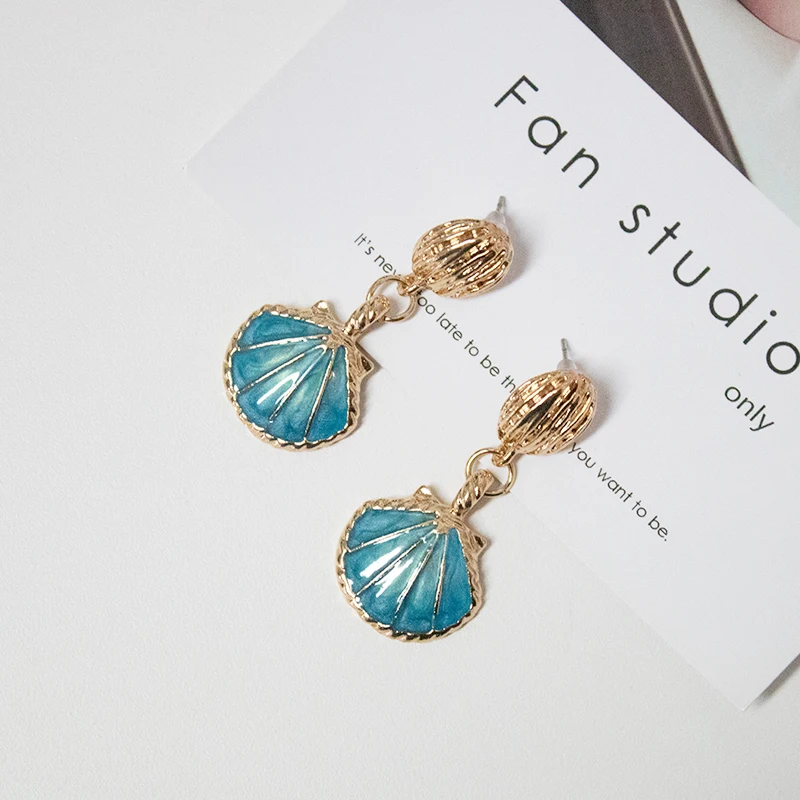 Женские серьги подвески в форме ракушки синие металлические этническом и