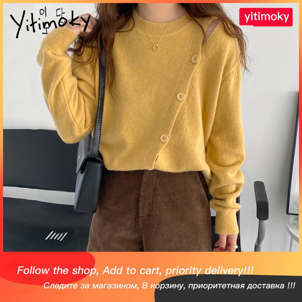 

Женский вязаный кардиган Yitimoky, асимметричный однобортный Кардиган с круглым вырезом, Повседневная модная одежда в Корейском стиле для весн...