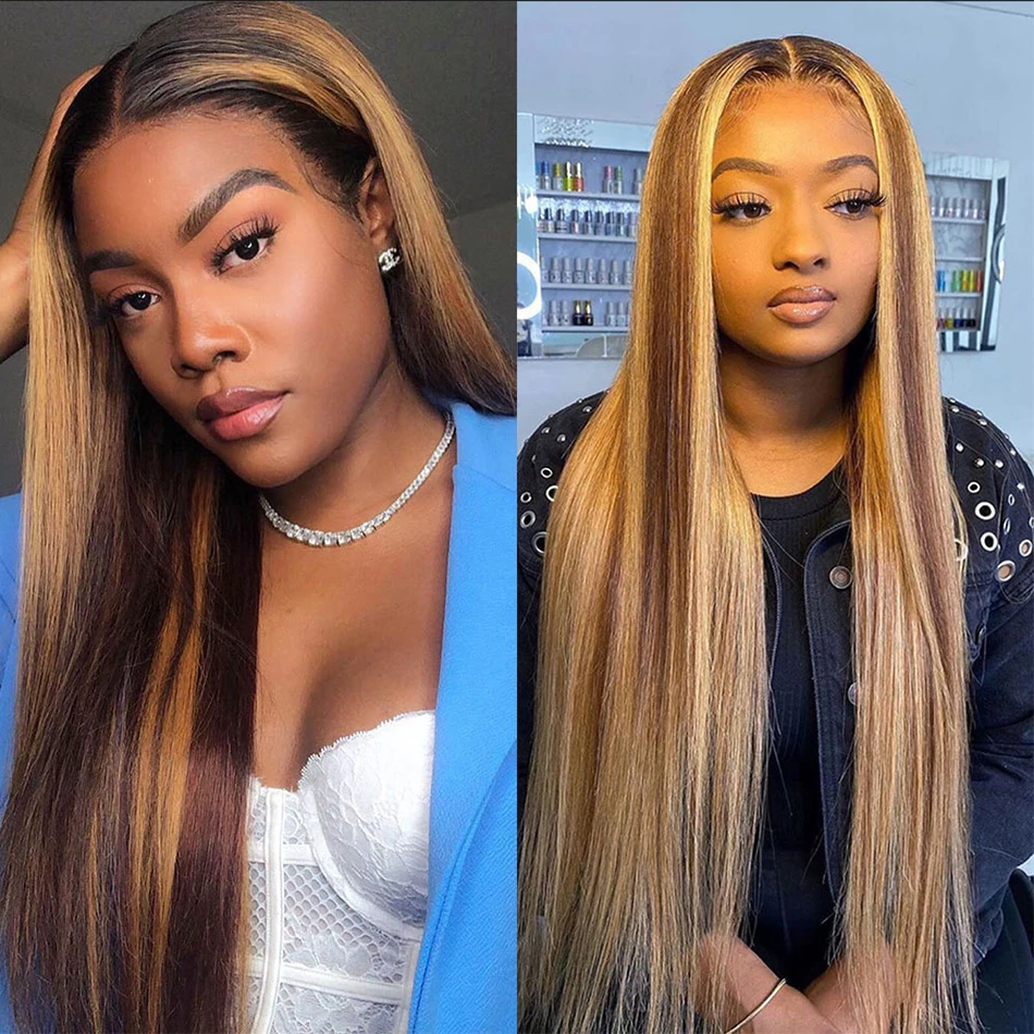 

Glueless Soft Brown Highlight Blonde Silky Straight Preplucked Remy 13x4 Lace Front Wig With Babyhair Human Hair Wig For Women