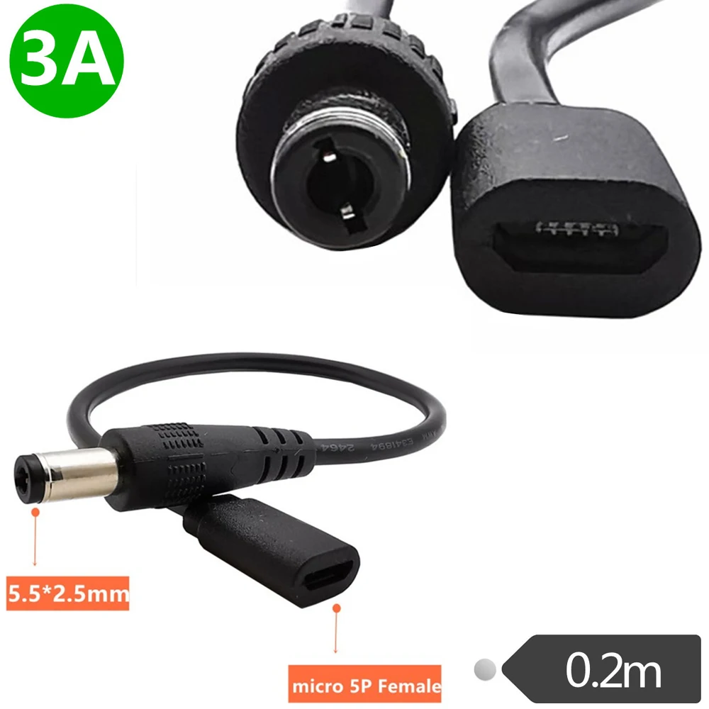 

Удлинитель источника питания постоянного тока 5,5 мм x 2,1 мм штекер-микро USB 5pin разъем постоянного тока 22awg 3а кабель адаптера, 0,2 м
