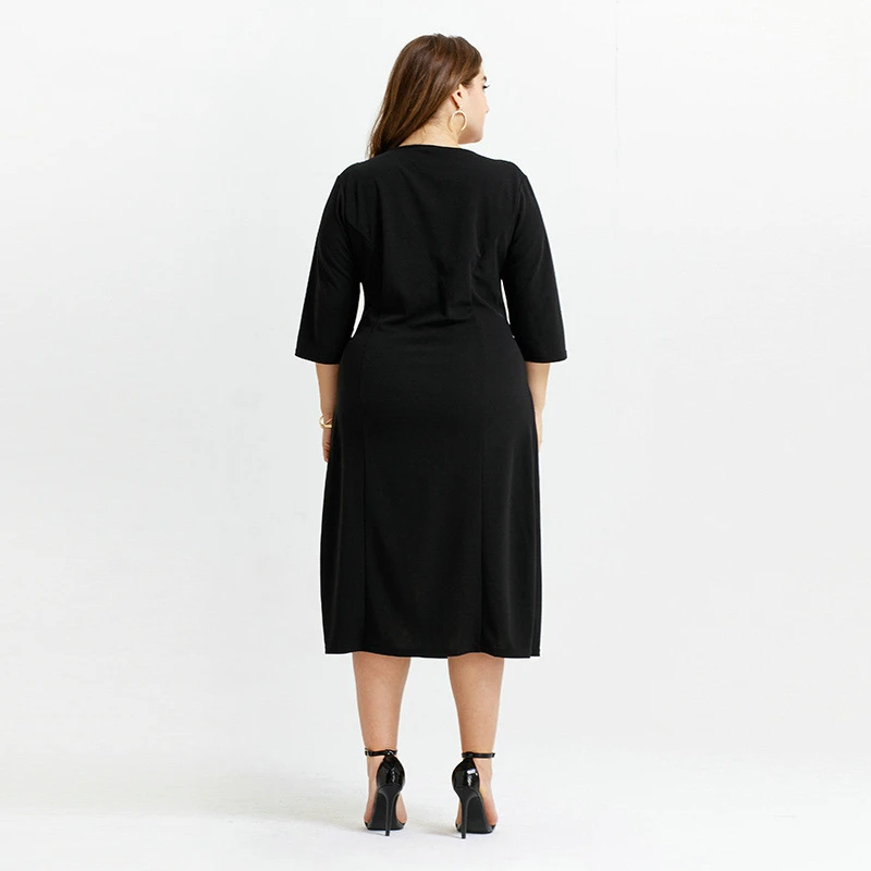 

Three Quarter V-neck Midi Dress Women Robes High Waist Spring Autumn Casual Dress Black Vestidos