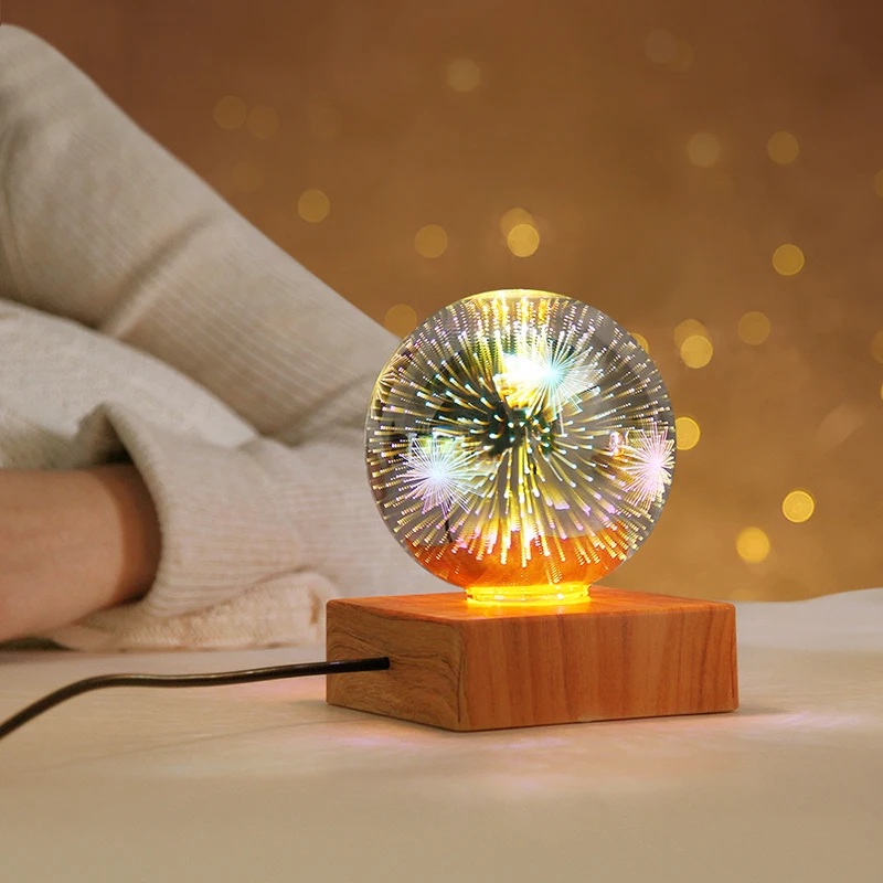 

3D Transparent Glass Ball 4W 5V USB Night Lights Magic Colorful Firework Light Solid Wood Base Festival Atmosphere Lamp