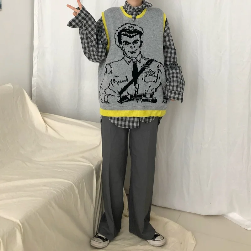 Vintage Cartoon Printed Knitted Sweater Vest Casual Sleeveless Loose Pullover Tank Tops Female Oversized Pullovers Femme