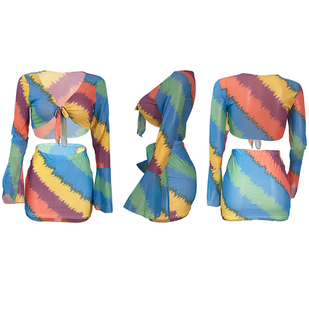 

Aesthetic Bow Lace Print Sheath Sexy Women Two Piece Sets 2021 Flare Sleeve V-Neck Hot Female Mesh Ruched Clubwear Outfits New