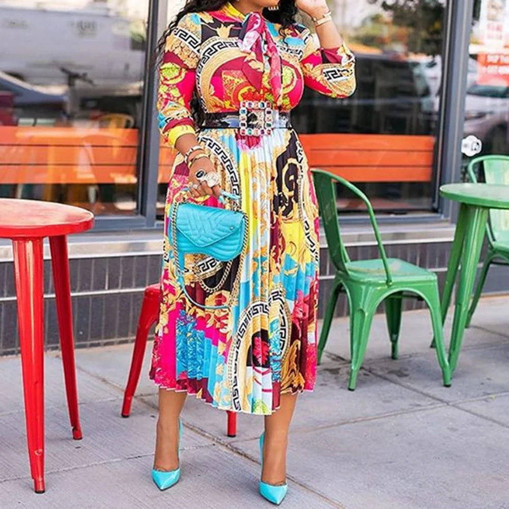 Осеннее плиссированное платье до середины икры с отворотом и высокой талией в