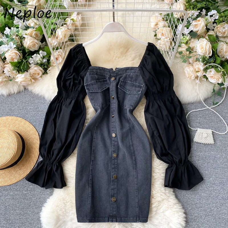 

Neploe Hit Color Patchwork Denim Dress Women High Waist Hip Slim A Line Vestidos Square Collar Clavicle Exposed Sexy Robe Spring