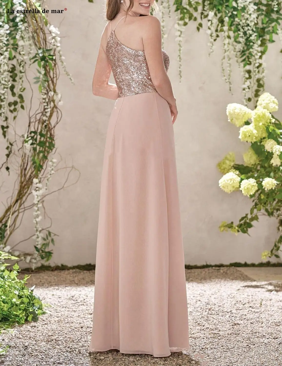 

Rose Gold Sequins Chiffon Bridesmaid Dresses Long New A Line Strapless Bohemian Wedding Party Dress vestido boda mujer invitada