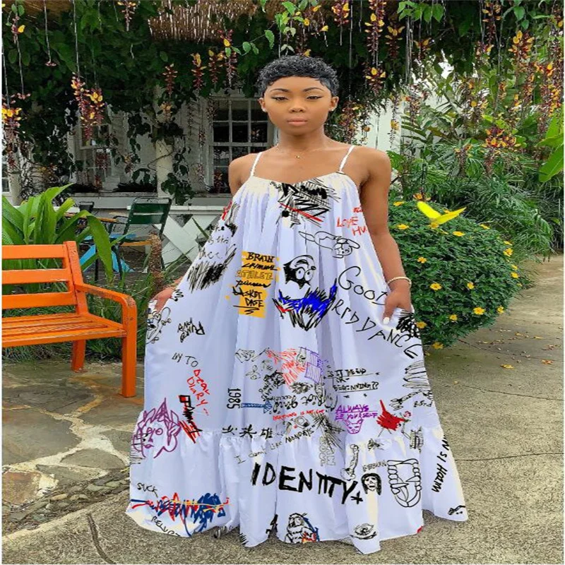 

Sexy Summer Dress Women Print Spaghetti Strap Sleeveless Maxi Dress Fashion Pocket Loose Plus Size Slip Dress 2021