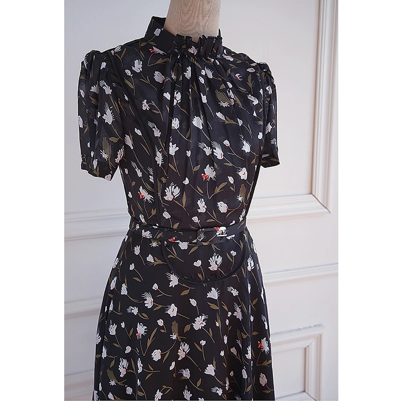 

HarleyFashion New Summer Short Sleeve Bow Collar Flower Printing Quality Cool Light Chiffon French Dress with Belt
