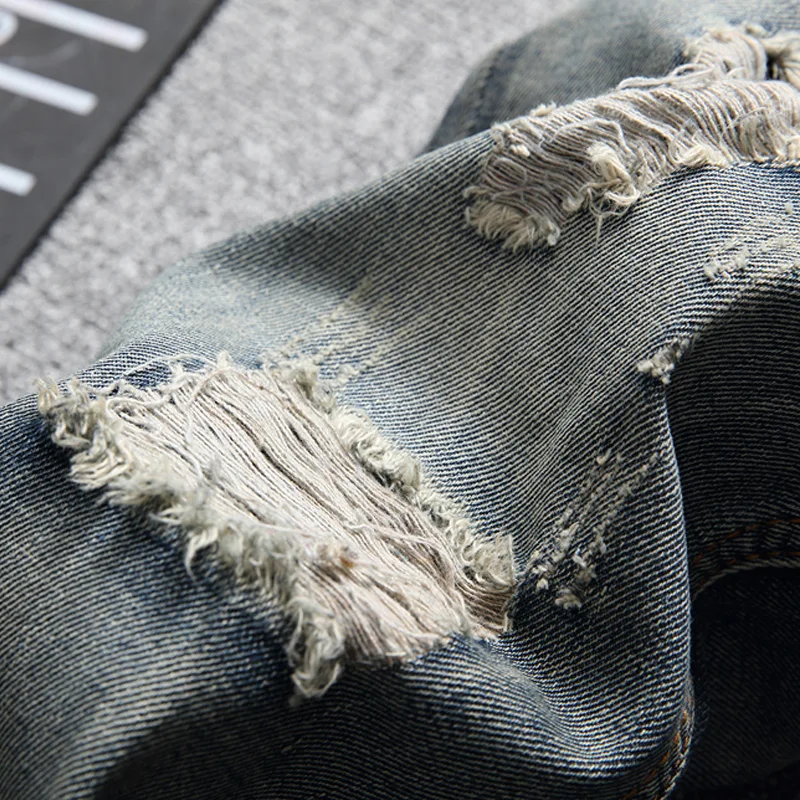 Jeans For Men Distressed Ripped Vintage Washed Blue Denim Pants Slim Fit Scratched Pencil Pants Casual Long Trousers Jeans Men