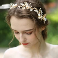 himstory delicate gold leaf women prom headpiece hairband pearl bridal tiara headband handmade wedding accessorie hair jewelry