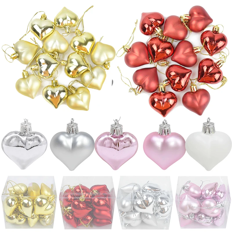 

12Pcs Plastic Heart Ornament for Christams Tree Decor Christmas balls Decorations for Home Hanging Wedding Heart Shape Supplies