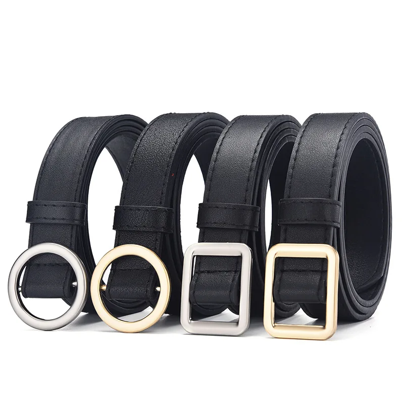 

Women Thin Belt Tide No Hole Gold and Silver Square and Round Buckle Simple Fashion Decoration Wild Free Punching 105cm Length