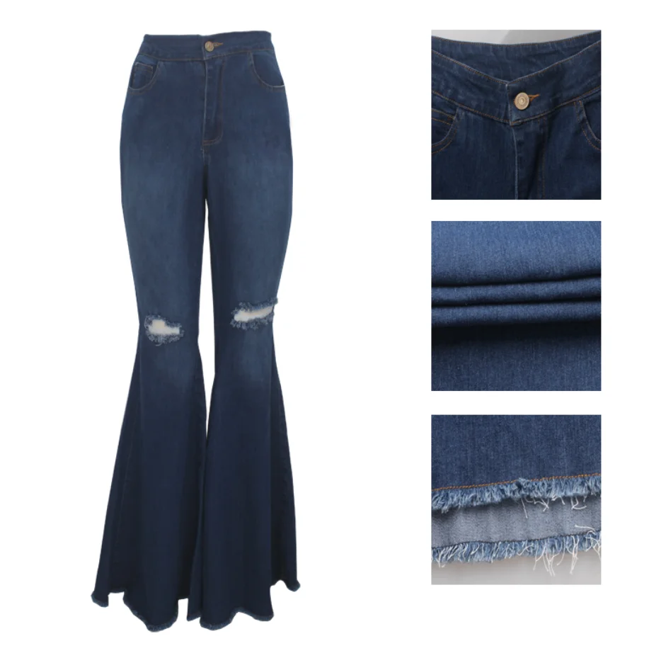 

Women Jeans Fashion Denim Flare Pants Women Retro Ripped Jeans Wide Leg Trousers Lady Casual Bell-Bottoms Flare Pant Female