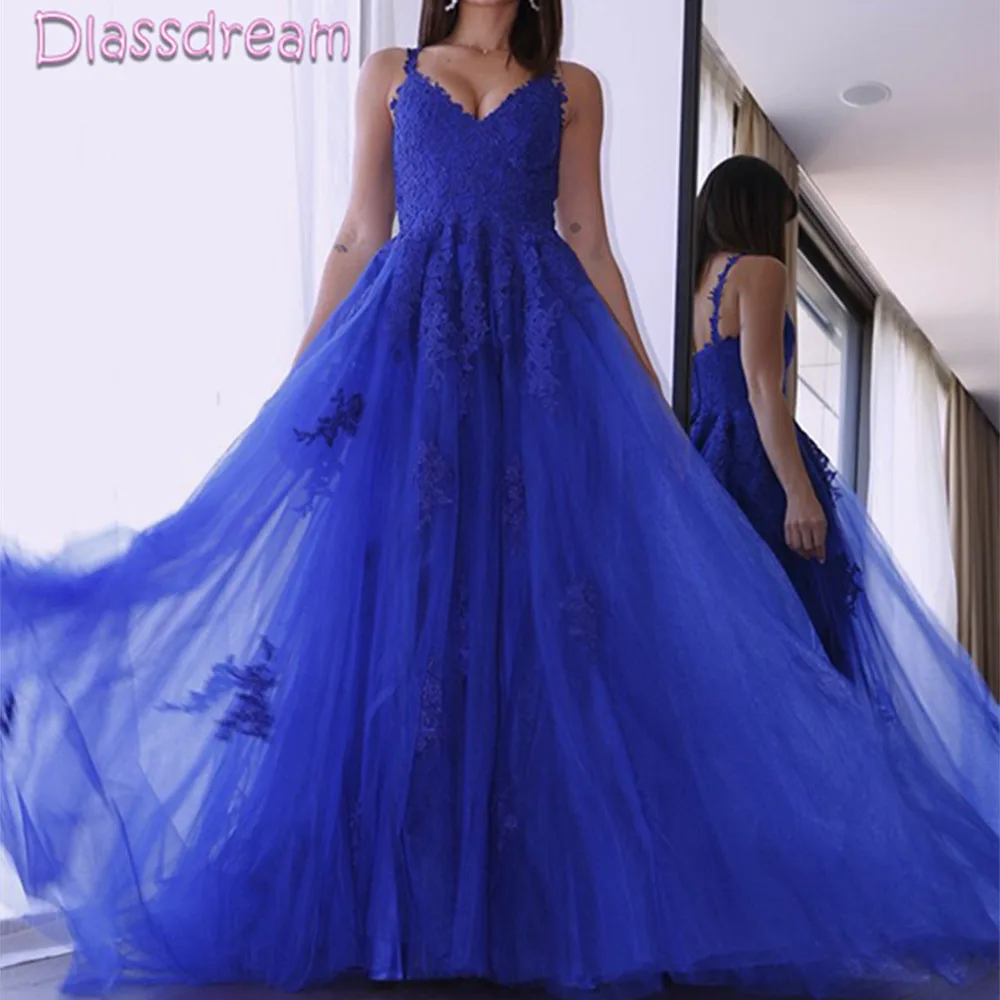 

Boho A Line Blue Prom Dress Lace Appliques Spaghetti Strap V Neck Robes De Soirée Tulle Sweep Train Party Gown Vestido De Fiesta