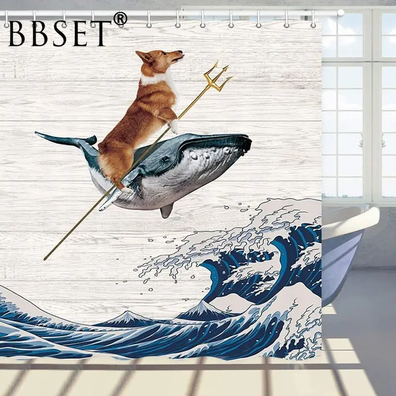 

Забавная Водонепроницаемая занавеска для душа в виде собаки корги с рисунком КИТ на больших волнах, разные размеры, украшение для ванной ко...