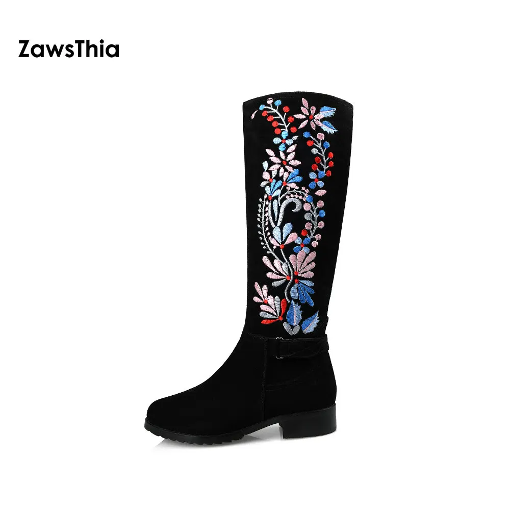 Сапоги ZawsThia женские до середины икры натуральная кожа замша бычья вышивка
