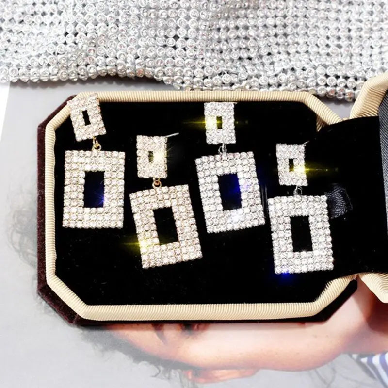 Luxury Shining Crystal Earrings Gold Silver Color Square Rhinestone for Women Wedding Party Jewelry | Украшения и аксессуары