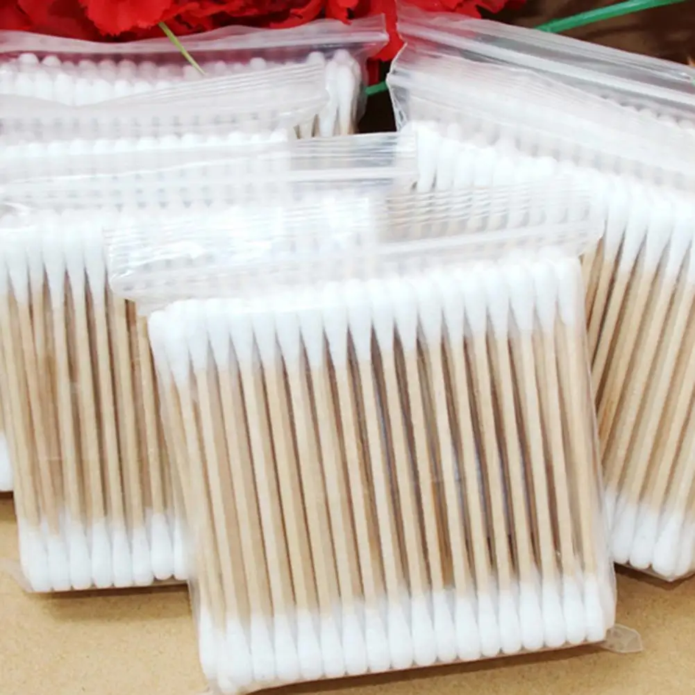 

100Pcs Disposable Double Head Wood Stick Cotton Swab Buds Beauty Makeup Tool