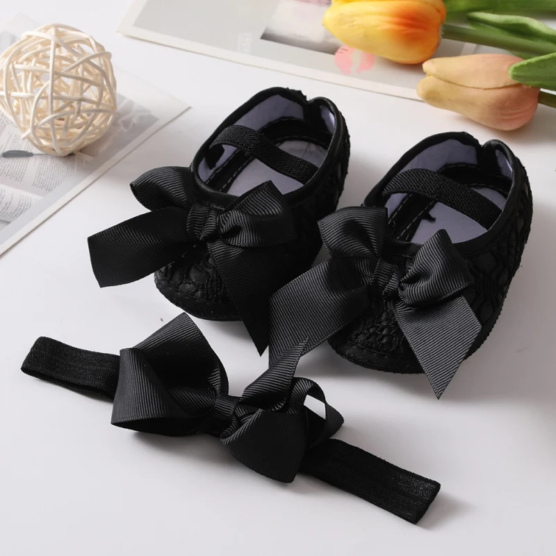 

Baby Girls Shoes Princess Lace Bow Prewalkers 2pcs Bow Headband+ Cotton Soft Bottom First Walker Toddle Infant kid Shoes