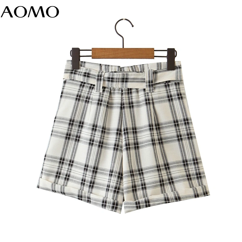 

AOMO 2020 women plaid print shorts suit 2 piece set female jacket ladies casual blazer shorts Sets Womens Outfits QW31A