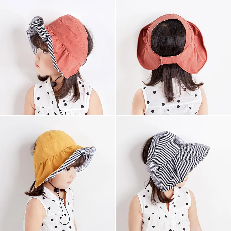 Summer Baby Hat for Girls Double-sided Beach Visor Cap Kids Sun Hats Cotton Wide Brim Children with Wind Rope | Детская одежда и