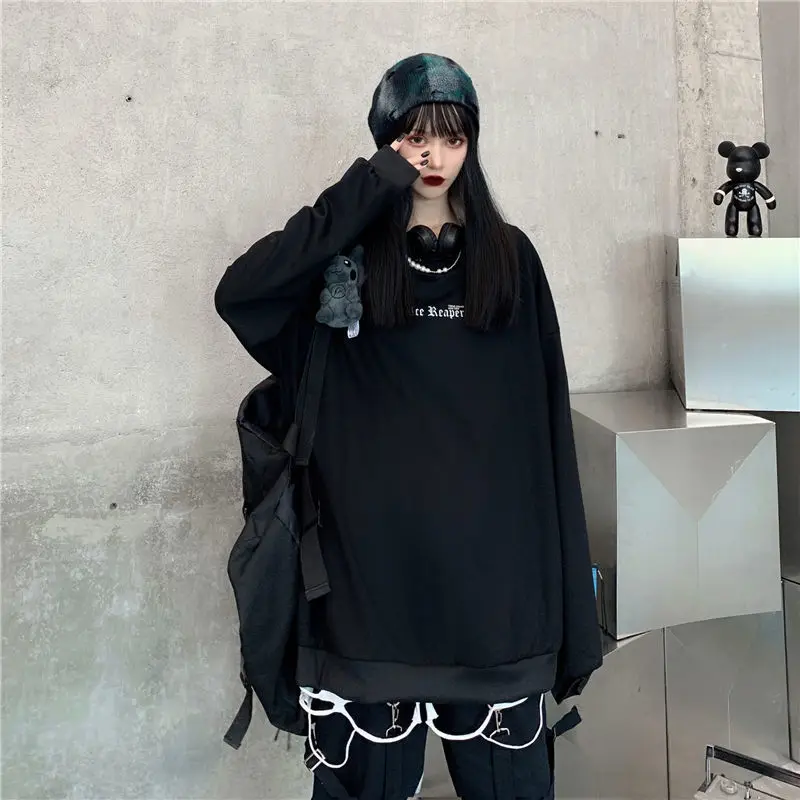 Hip Hop High Street Harajuku Thin Hoodie Sweatshirt Women Sweatshirts Pullover Casual Sleeve Long Top Letter Printed Blac Gothic