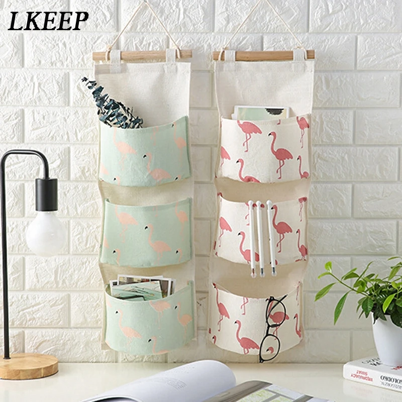 

Pattern Cotton Linen Hanging Storage Bag 3 Pockets Wall Mounted Wardrobe Hang Bag Wall Pouch Cosmetic Toys Organize