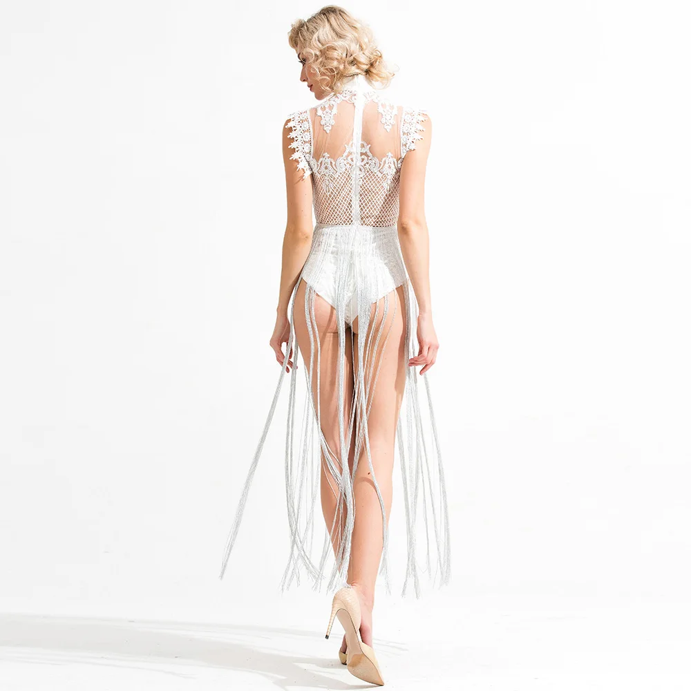 

Tosheiny Sexy Women Tassel Playsuits Women Overall High Neck Sleeveless Lace See Through Glitter Jumpsuit Tassel Bodysuit TH8901