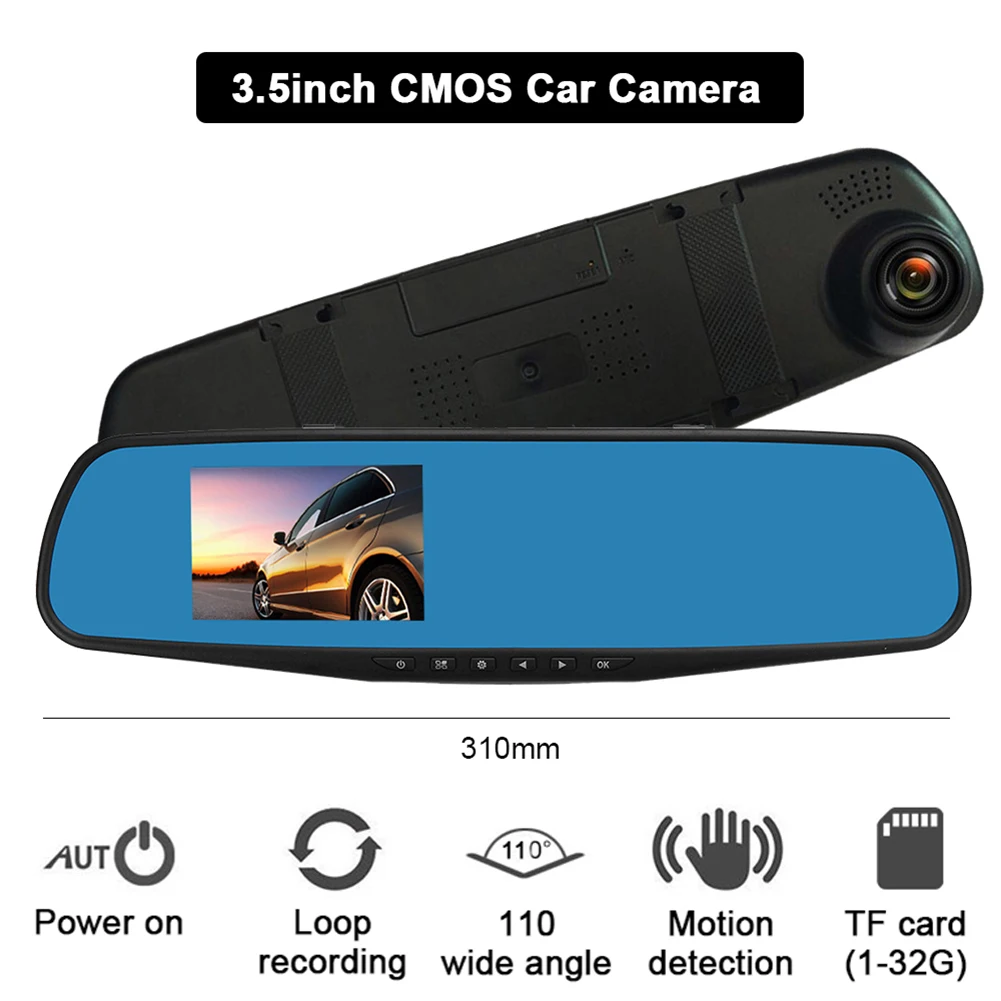 

Dash Cam 3.5" LCD Screen 110 Wide Angle Driving Car Recorder Motion Dection, Loop Recording, Support 32GB Max