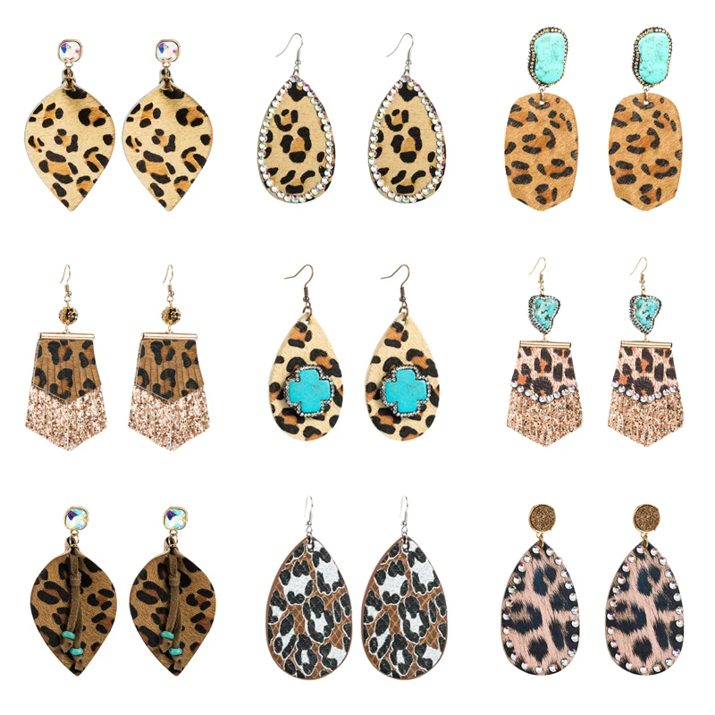 

Bohemia Leopard Big Oval Inlay AB Crystal Horsehair Cow Color Wood Pendant Water Drop Earrings For Women Fashion Texture Jewelry