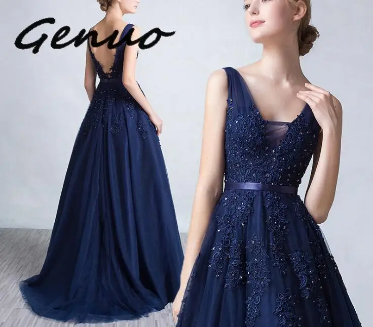 Genuo Новое сексуальное платье с v-образным вырезом Robe De Soiree Высокое качество Серый Тюль с аппликацией платья настоящая фотография vestido de festa