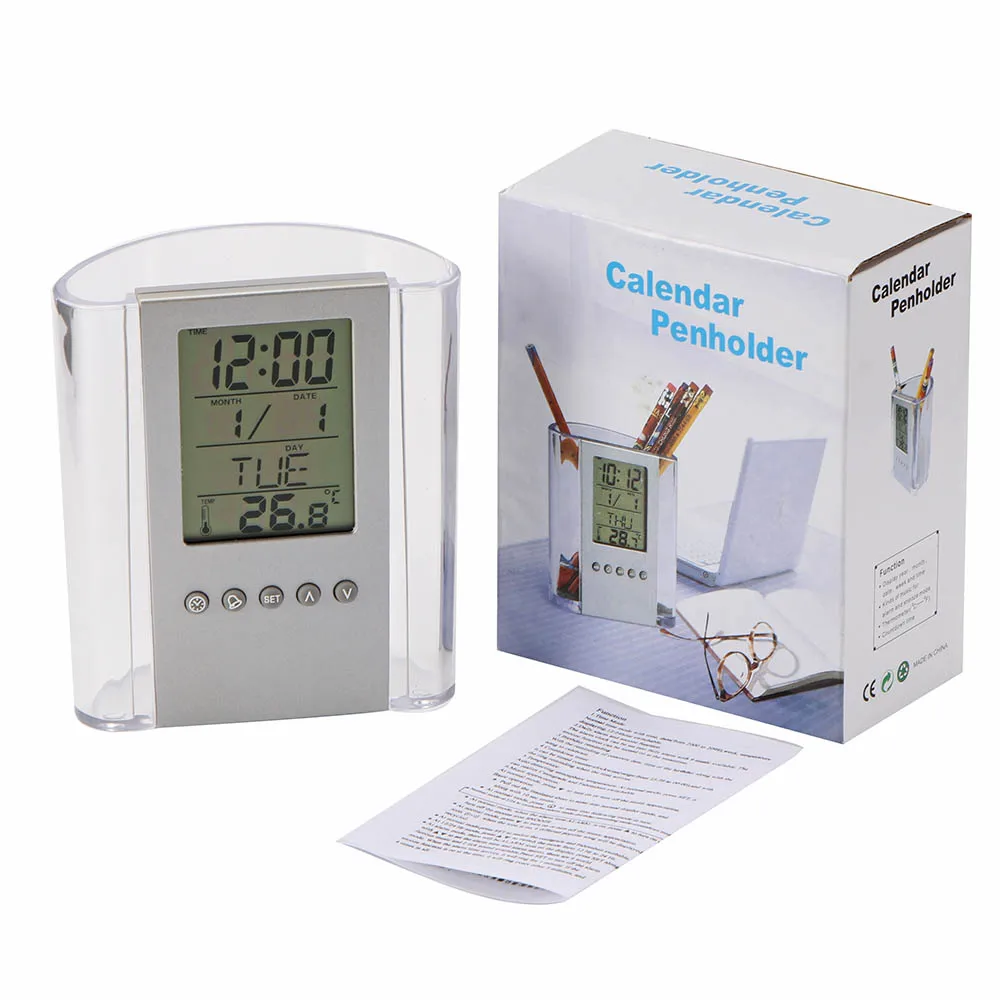 LCD Alarm Clock Thermometer ABS Multi-Functions Digital Desk Pen/Pencil Holder Calendar Display Home Decor |