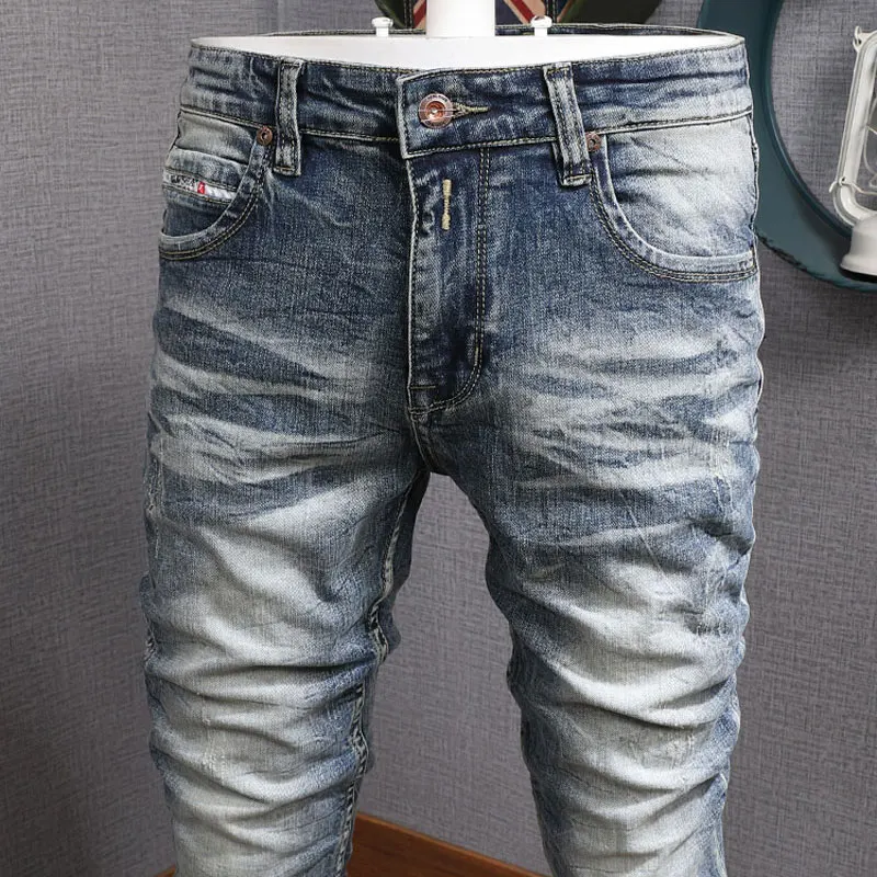 European American Vintage Fashion Men Jeans Retro Blue Elastic Slim Fit Ripped Jeans Men Distressed Designer Casual Denim Pants