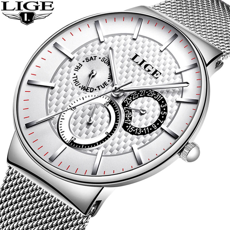 LIGE мужские спортивные часы ультра тонкие наручные с ремешком сеткой для мужчин