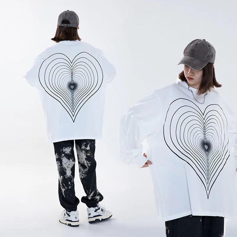 

Hip Hop 3D Reflective Love Printed Oversize T-shirt Mens Fashion Streetwear Casua Crew Neck Cotton Long-sleeved Tshirts Couples
